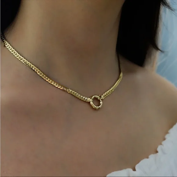 16 Inch Sailor Lock Herringbone Chain Necklace14k Gold Thick Flat Snake Chain